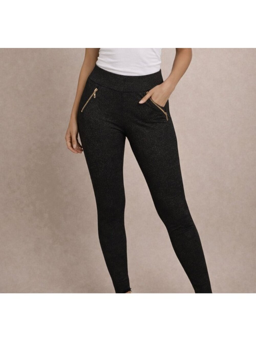 Yaco Jegging Womens Small Black Legging High Elastic Waist Gold Zipper Pockets